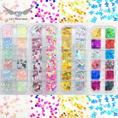 China C&Y 12 Nail Grids Box Butterfly Heart Glitter Mermaid Scale Halloween Luxury Nail Art Stickers Decals Nails for sale