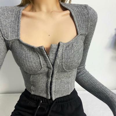 China New spring color thin solid short women's straight long sleeve sweater retro style square neck QUICK DRY sweater for sale