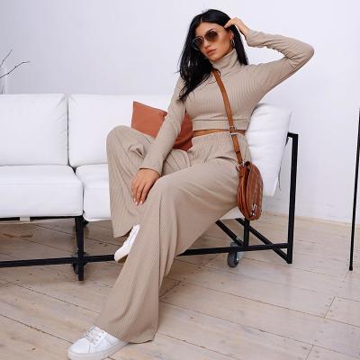 China Casual Breathable Pure Color Turtle Neck Long Sleeve Crop Top And Pant Set Women Two Piece Crop Top Jogger Set for sale