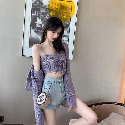 China New QUICK DRY Embroidered Female Short Thick Woolen Knitted Cardigan Tube Top Twist Section Two Piece Sweater for sale