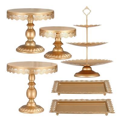 China Sustainable Cake Tray Dessert Table Birthday Floating Gold Luxury Metal Christmas Round Custom 6 Piece 3 Tier Wedding Cake Stand Sets for sale