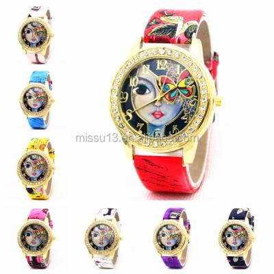 China Automatic date lady watch flower butterfly dial latest new 2016 rhinestone style women's fashion leather watch for sale