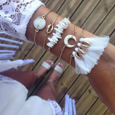 China 2019 Bohemia sytle new moon handmade white crystal tassel set bracelet for women for sale