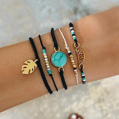 China Women 2019 new sytle handmade braided rope beads leaf turquoise leather bracelet for sale