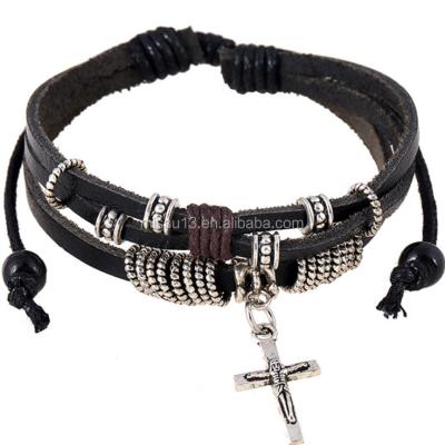 China 2018 Cheap Man Christian Handwork Leather Bracelet Men Cross Pendant Bracelet for sale