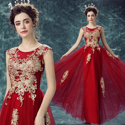 China Wine Red Lace Up Gold Appliques Slim Chiffon Gorgeous Evening Dress TSJY100 for sale