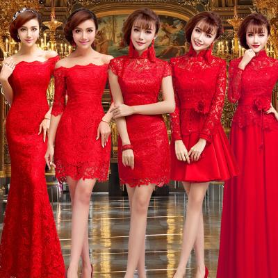 China Chinese Style Red Lace Bridal Dress Boat Neck Gorgeous Evening Dress TSJY094 for sale