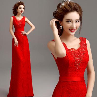 China Red Slim Wasit Tank V Neck Beading Elegant Evening Dresses TSJY063 for sale