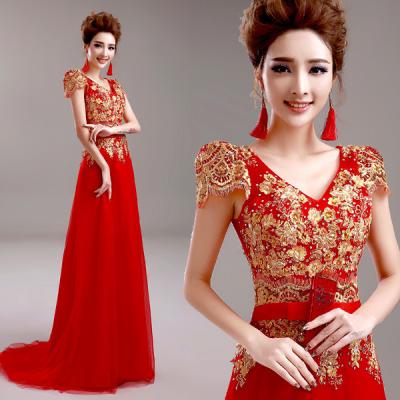 China Red Deep V Neck Embroidery Cap Sleeves Elegant Evening Dresses TSJY040 for sale