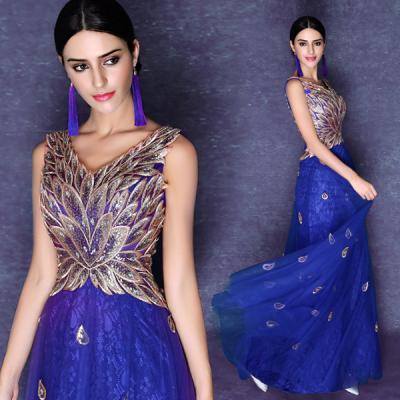 China Deep V Neck Royal Blue Gold Embroidery Evening Dresses Annual Meeting Host Dress TSJY033 for sale