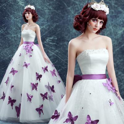 China Off The Shoulder Purple Sashes Purple Butterfly Floor Length Organza Wedding Dress TSJY174 for sale