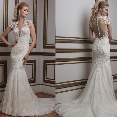 China New Arrival Romantic White Perspective Lace Slim Waist Deep V Mermaid Wedding Dresses for sale