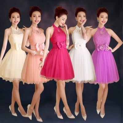 China New Short Halter Champagne Purple Bridesmaid Dress Bride Strapless Lace Rose Dress for sale