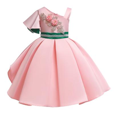 China Fashion Single Sleeve Flower Girl Dress Single Shoulder Green Pearl Belt Dress Christmas Vestido Kids Dresses For Girl for sale