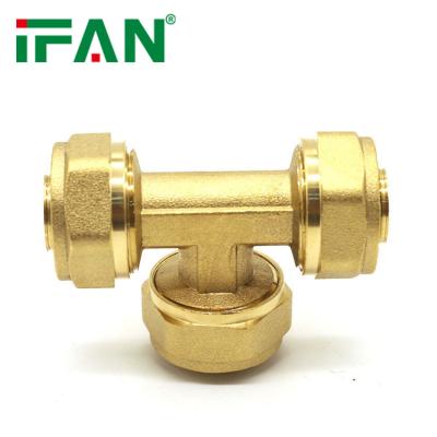 China Pipe Joining Lines IFAN Customized Size 16-32mm Pex Pipes Natural Gas Fitting Tee Pex Compression Yellow Brass Fittings for sale