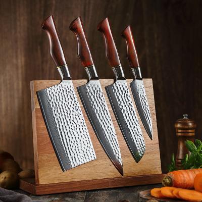 China 5PCS Viable 73 Layers Damascus Steel Kitchen Knife Powder With Wooden Block Damascus Kitchen Knife Set for sale