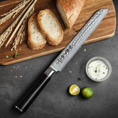 China Professional Stocked 8 Inch Damascus Kitchen Steel Bread Knife With Pakka Wood Handle for sale