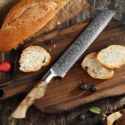 China Damascus Kitchen Disposable Steel Bread Knife With Sycamore Handle Figured Wood Cutting Knife for sale