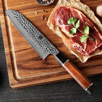 China 7 Inch Viable Effortlessly Use Damascus Kitchen Handle Desert Iron Japanese Steel Joint Santoku Knife White Brass for sale