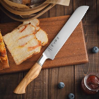 China Kitchen Disposable Handmade Bread Knife Made Of Sandvik 14C28N Carbon Steel With Olive Wood Handle for sale