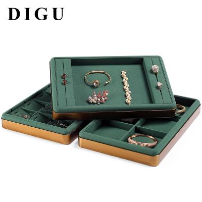 China Jewelry Display Digu Metal Brushed Multifunctional Jewelry Display Dish Dark Green Microfiber Ring Necklace To See Goods Storage Dish for sale