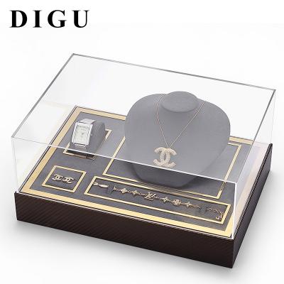 China Window Acrylic Dustproof Counter Jewelry Storage Display Tray Cover Necklace Ring Watch Set Tray Hanging Spot for sale