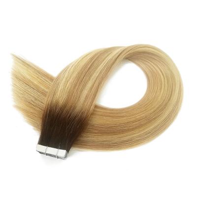 China Straight Tape In Cuticle Hair Extensions R2/18/22 100% Aligned Human Virgin Remy Hair Double Drawn Weft Bundles Rooted Color Grade 12A for sale