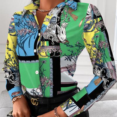 China Autumn Bird Viable Fashionable Colorful Top Flower Printed Collar Single Breasted Sleeve Blouse Turn Down Long for sale