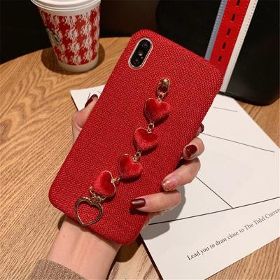 China Eco-friendly 360 Full Cover Canvas Fabric PU Leather Phone Case For iPhone, With Heart Shaped Wristband Dangling Lanyard for sale