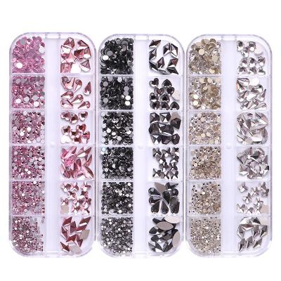 China Nail Art Glass Stone strass 12 Grid/box Multi Shapes Mixed Sizes Flat Back Round nail charms in bulk Rhinestones for sale