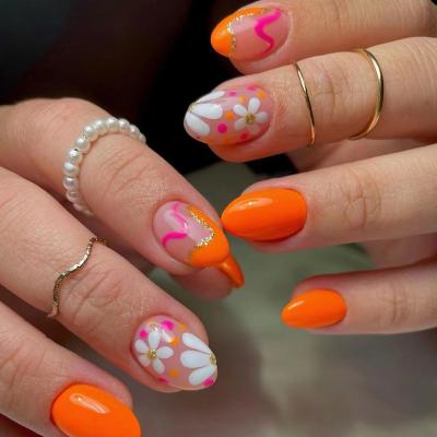 China Pre-Designed Orange Five Petal Flower Press On Nails Removable Manicure Nail Tips for sale