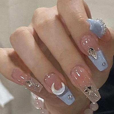 China Blue Long Handmade Luxury Press on Nails with Rhinestones Pre-Designed and Fashionable for sale