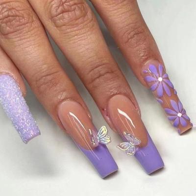 China 2023 New design Easy to Apply Purple Long Ballet Butterfly French Luxury style Artificial Fingernails for sale