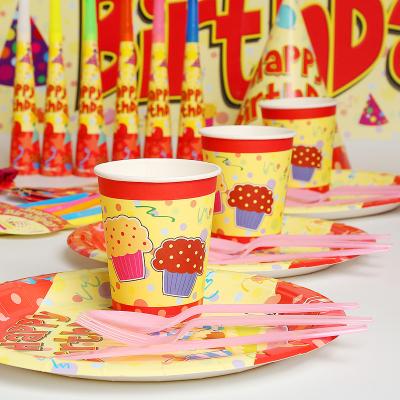 China Disposable Amazon Hot Sale Happy Birthday Plates Cups Hats Tableware Set Disposable Colorful Tableware For Children Party Supplies for sale