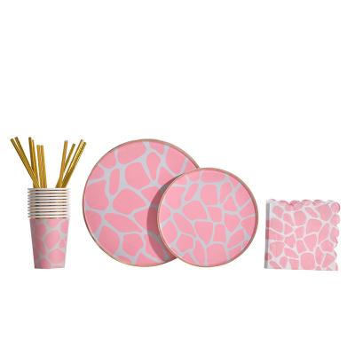 China Disposable New Fashion Pink Geometric Pattern Plates Cups Napkins Tableware Set Disposable Pink Tableware For Party Supplies for sale