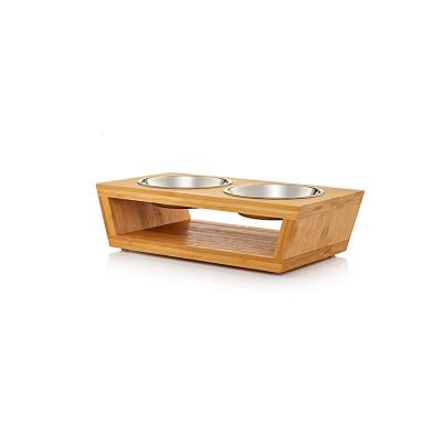 China Non-automatic Pet Bowls for Cats and Small Dogs, Bamboo Elevated Dog Cat Food and Water Bowls Stand Feeder with 2 Stainless Steel Bowls for sale