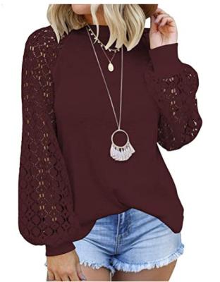 China Best Selling Breathable Lace Top Loose Women Long Sleeve Blouse Style Round Neck Stitching Hot Top for sale