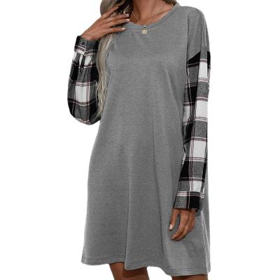 China Quilting Dress Autumn New Style Women Wear Breathable High Quality Plaid Round Neck Long Sleeve T-shirt Dress for sale