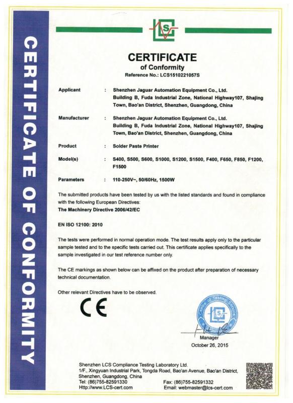 CE - Shenzhen JAGUAR Automation Equipment Co., Ltd.