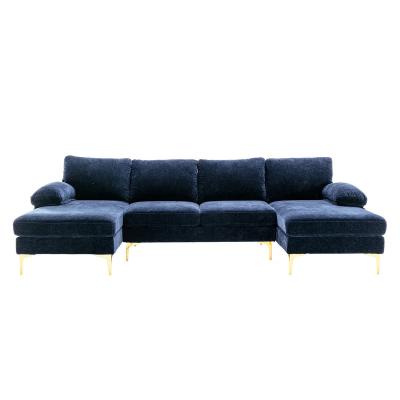 China Wholesale Custom Stretched U Shape Sectional Blue Sofa Furniture Fabric Upholstered Living Room Sofas Set for sale