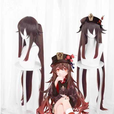 China Regular Wave Brown Braids Wig For Genshin Impact HU Tao Anime Straight Cosplay Hair Wigs With Ponytails Cap for sale