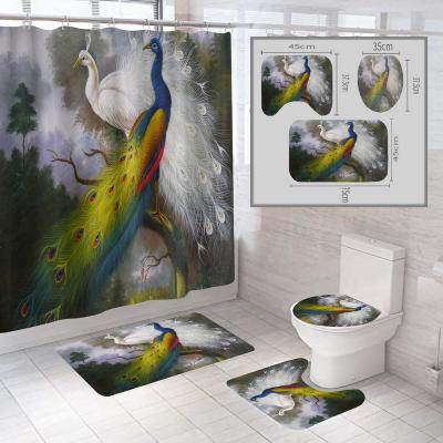 China Sustainable Custom Stylish 3D Peacock Pattern Painting Shower Curtains Bathroom Sets for sale