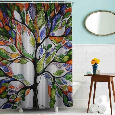 China New Design Bathroom Sustainable Trees Printed Shower Curtain With Hooks for sale