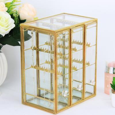 China Dressing Table Gold Copper Frame Drawer Necklace Earring Necklace Bracelet Jewelry Collection Display Glass Storage Box for sale