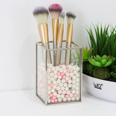 China Dressing Table Metal Silver Storage Box Cosmetic Makeup Glass Brush Holder For Makeup Tools for sale