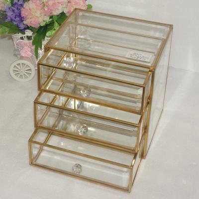 China Brass and Glass Drawer Tray Showcase Display Holder Jewelry Storage Box Metal Jewelry Box Dressing Table Boxes for sale