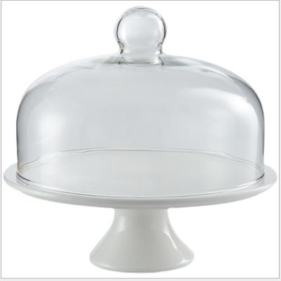 China Daily life ceramic pedestal cake stand and glass cover for sale