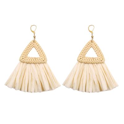 China BOHEMIA European America high quality handmade geometry rattan braided ware raffia tassel statement circle earring for sale