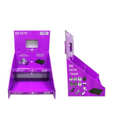 China Retail Shops Glossy Purple Desktop Display For Electronic Products Cardboard Display For Cameras for sale