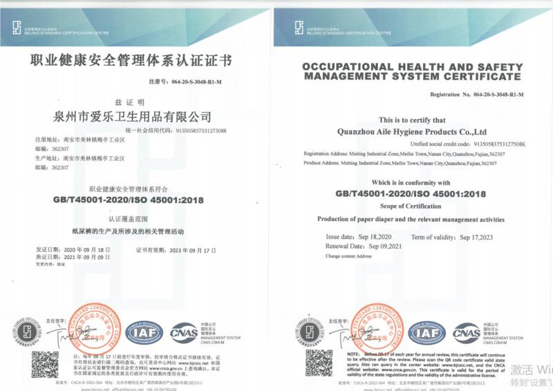 ISO 45001 - Quanzhou Aile Hygiene Products Co., Ltd.